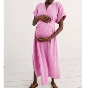 Hatch Carolina Cotton Gauze Wrap Midi Dress Pink 2 Maternity Cottage Summer Boho